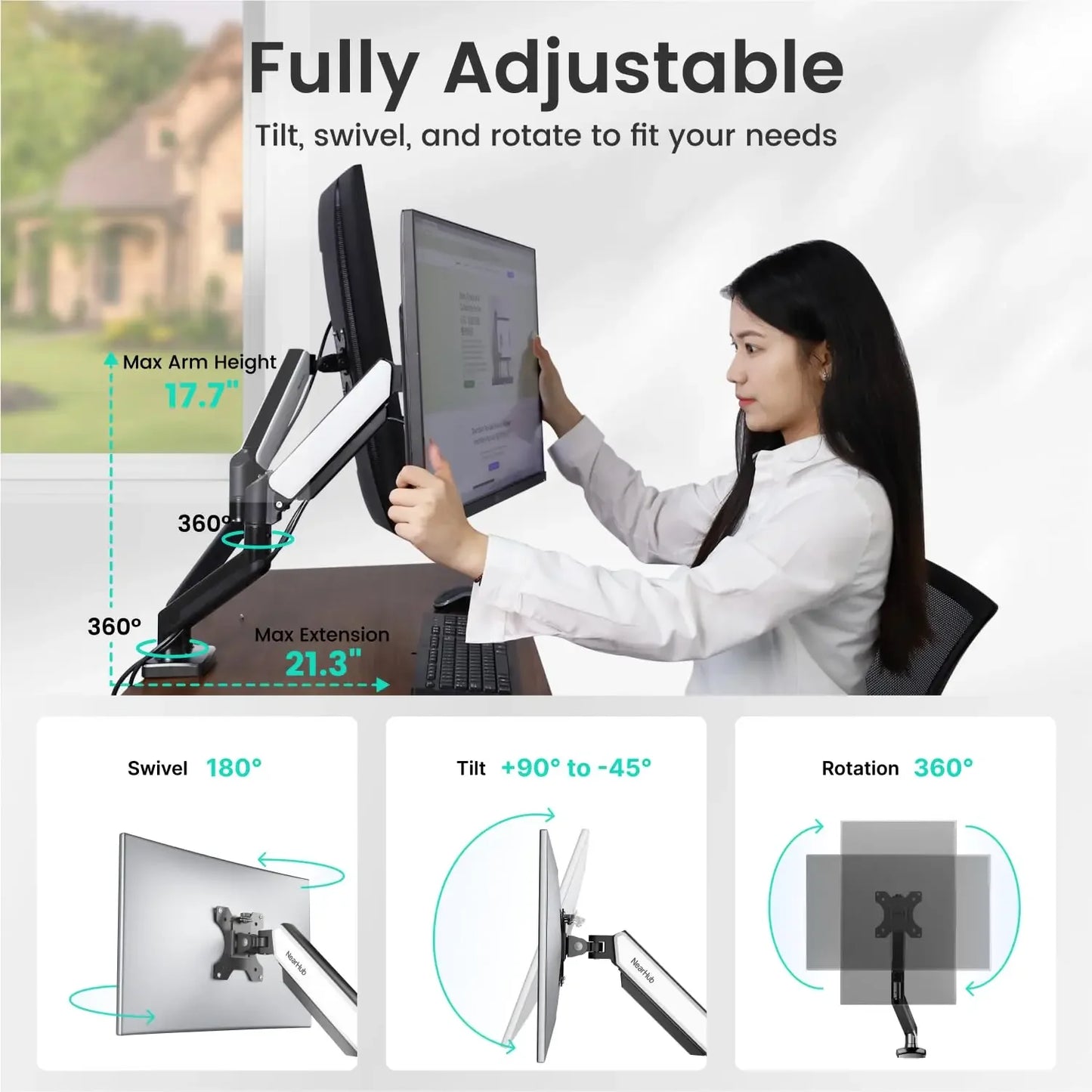 Nearhub MS-002 Dual Monitor Arm | C-Clamp & Grommet Mount, Flex Adjustment