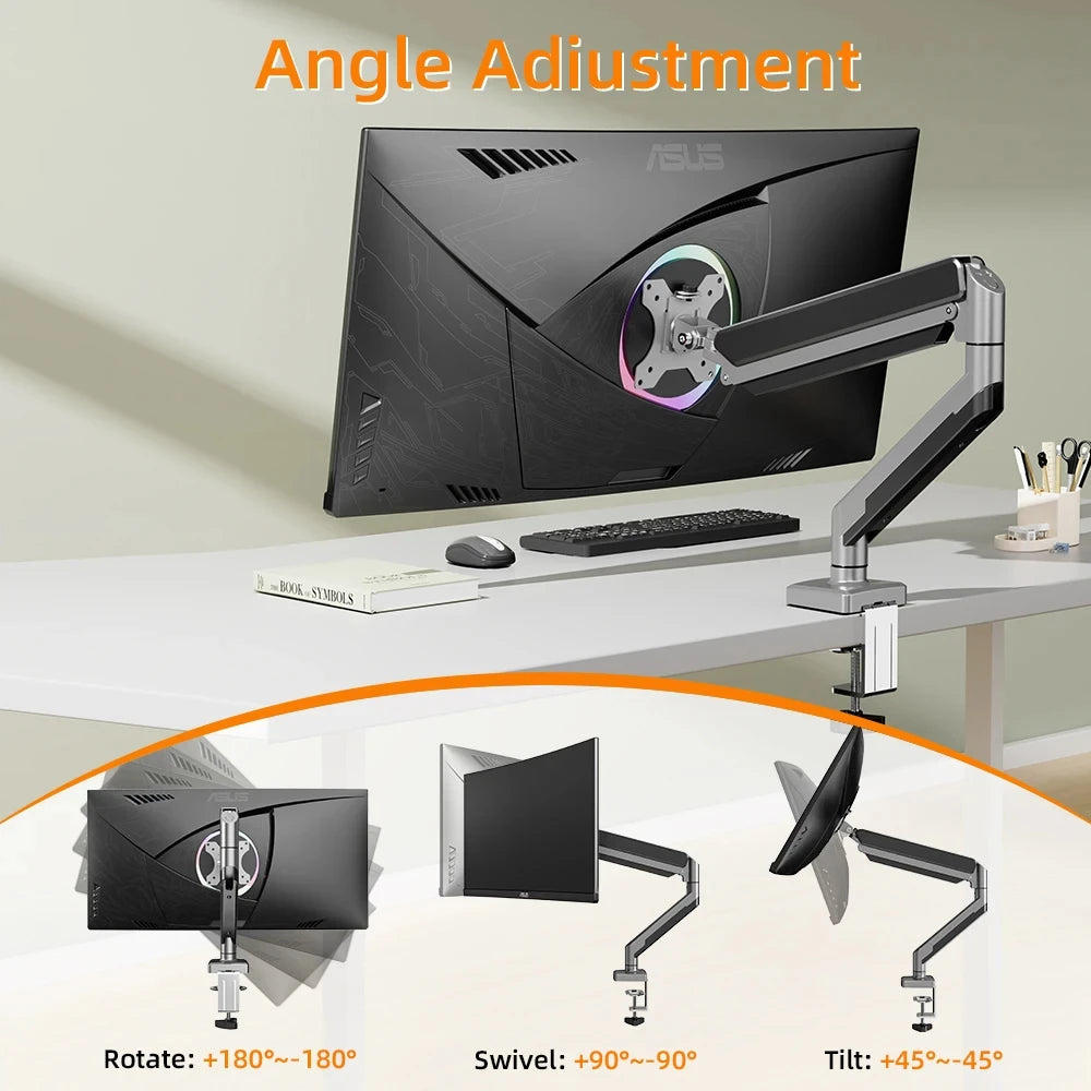 Gas Spring Monitor Arm for 13-32" Screens | Adjustable Single Mount with Clamp & Grommet Base