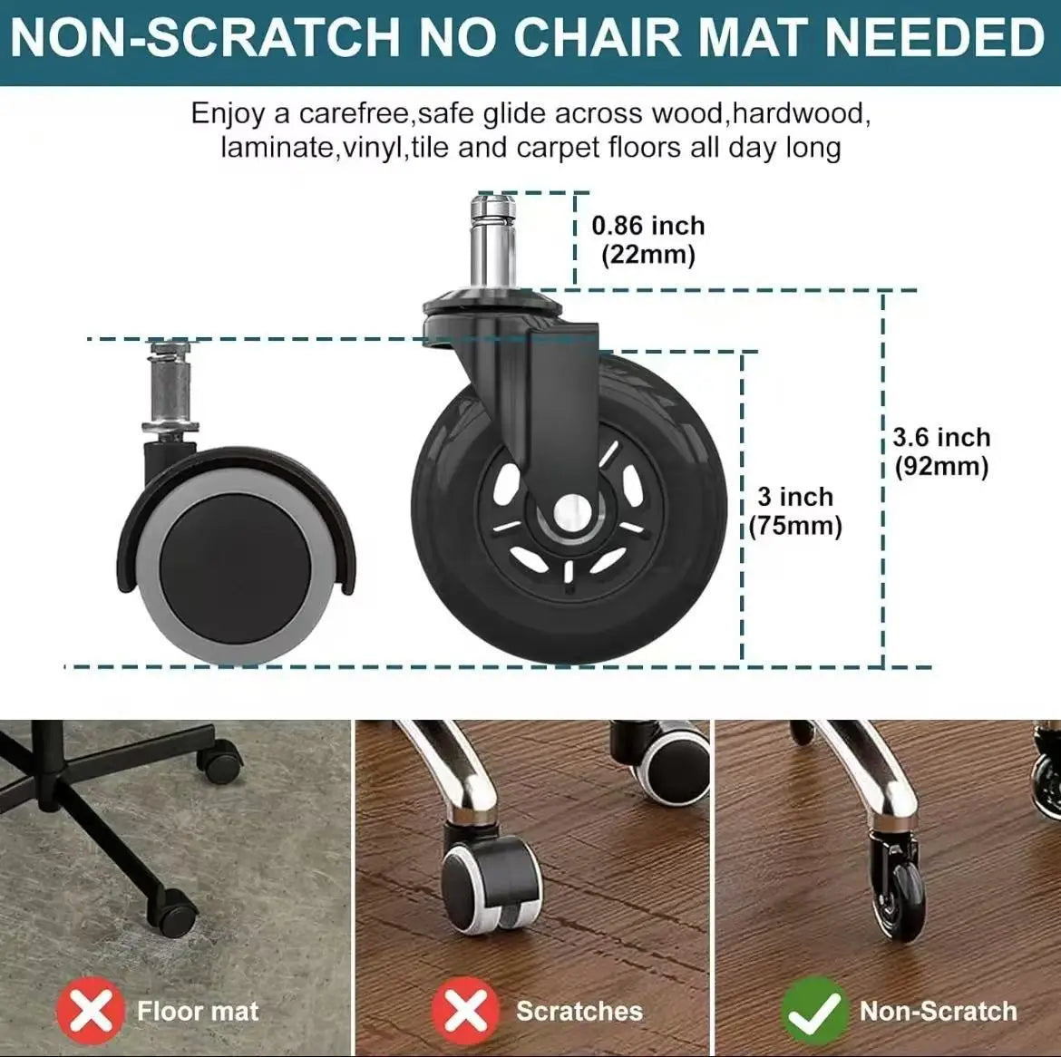 5 Pcs 3-inch Pu Silent Caster Wheels