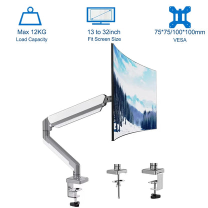 Gas Spring Monitor Arm for 13-32" Screens | Adjustable Single Mount with Clamp & Grommet Base