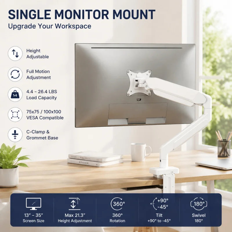 Single Monitor Arm for 13-35" Screens | Height Adjustable Ergonomic Stand with Dual Base