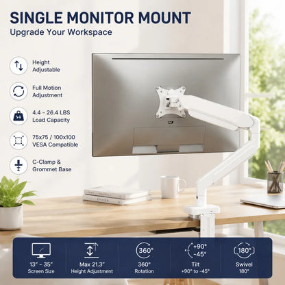 Single Monitor Arm for 13-35" Screens | Height Adjustable Ergonomic Stand with Dual Base